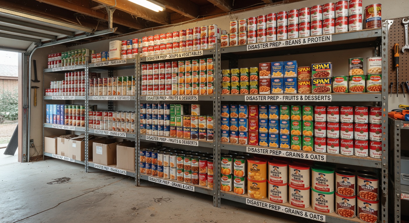 Organized canned goods stockpile on shelves, arranged by type and expiry date