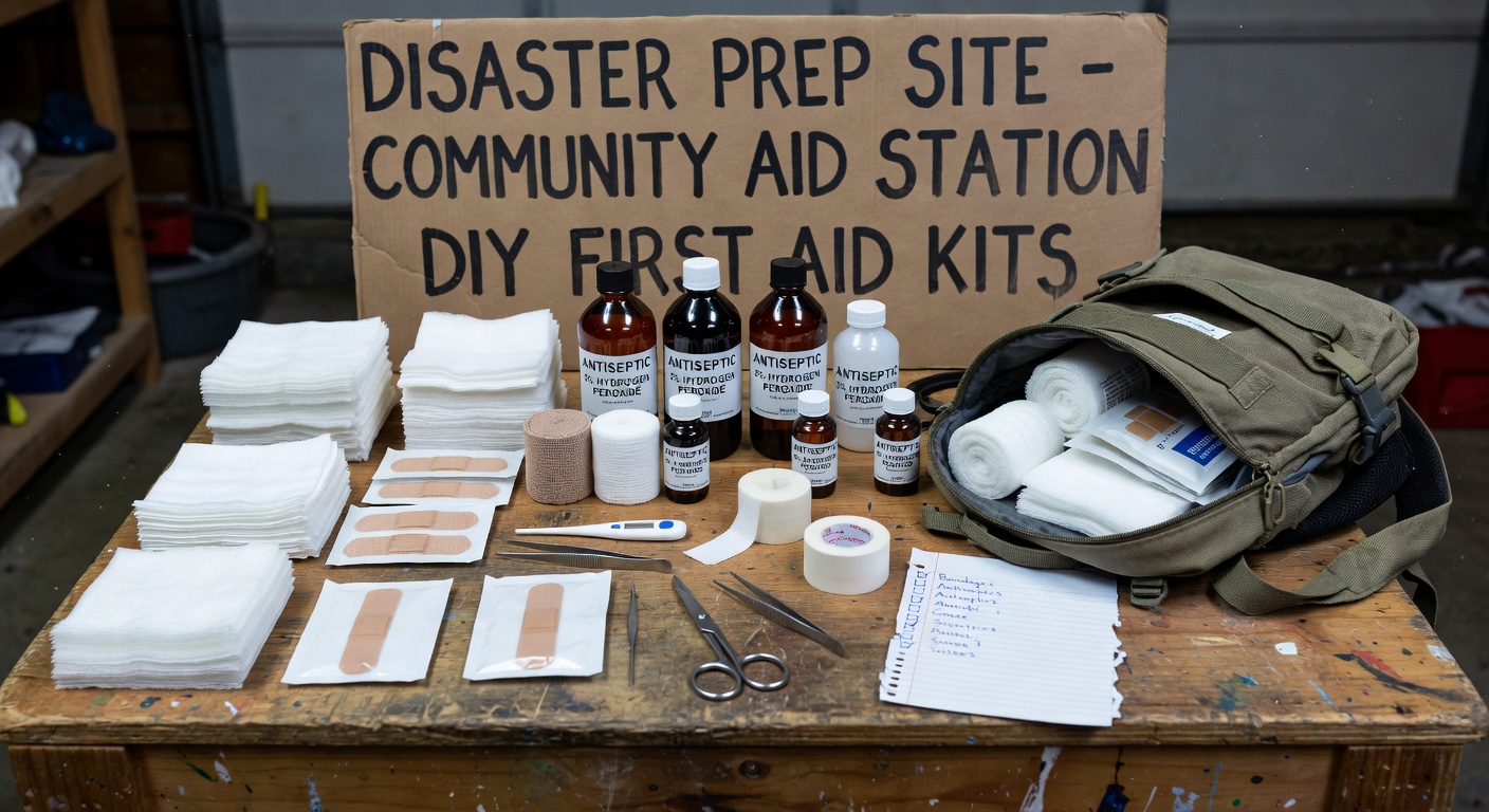 A neatly organized DIY first aid kit laid out on a table, showing bandages, antiseptic wipes, scissors and other medical supplies