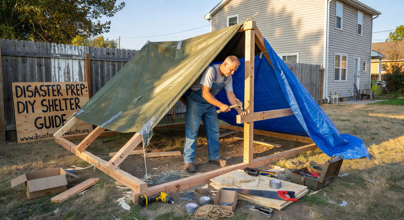 A person constructing a simple emergency shelter using a tarpaulin and wooden poles in an outdoor setting