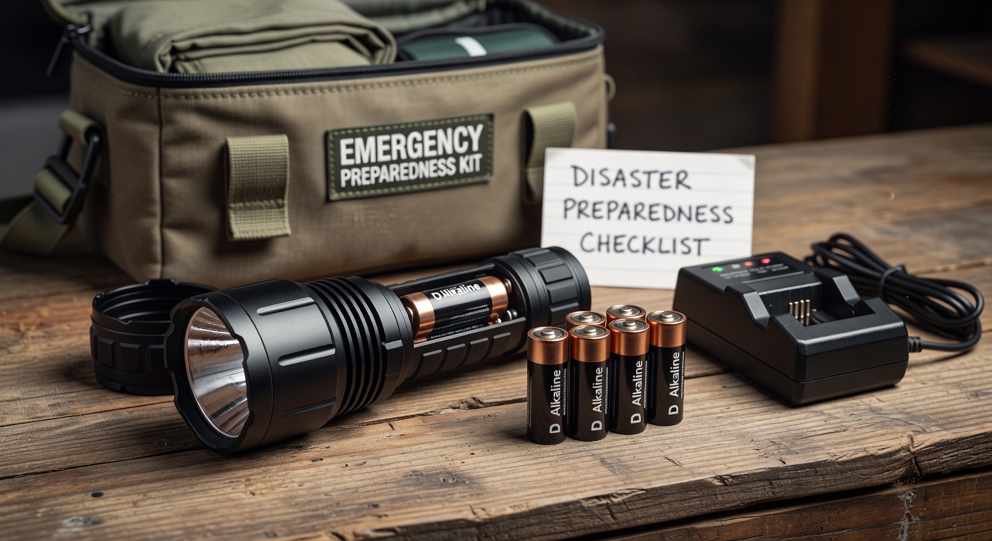 An emergency lighting kit with LED flashlights, batteries, and a hand-crank lantern arranged on a surface