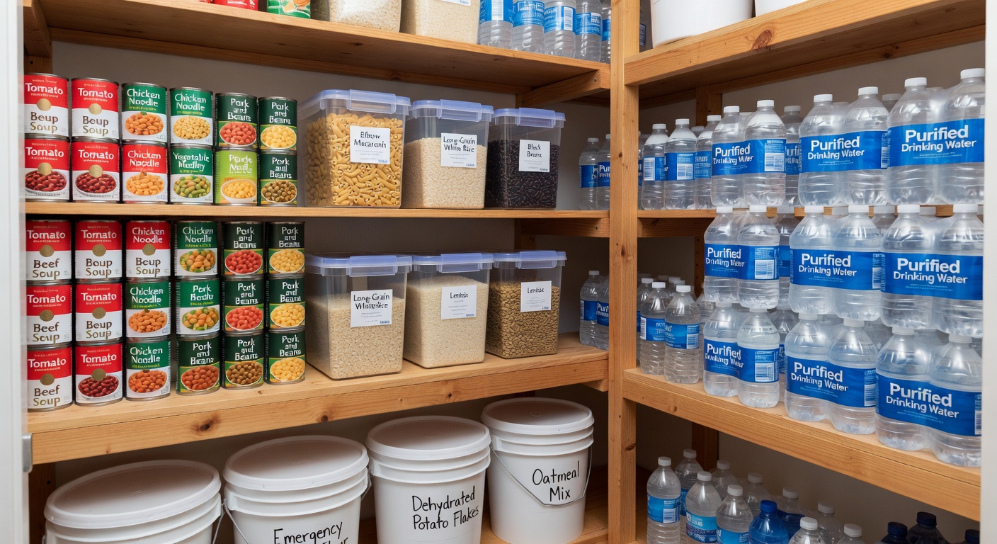 Organized emergency food supplies including canned goods, water bottles, and packaged rations stored for disaster readiness