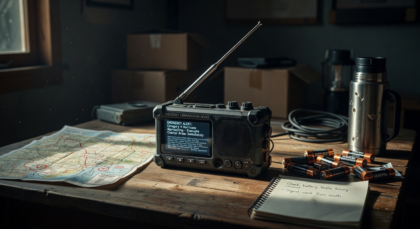 A portable hand-crank emergency radio device with antenna extended, showing AM/FM and weather band controls