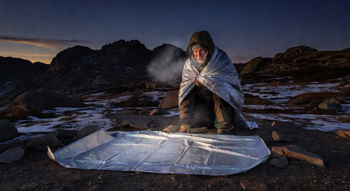 A person wrapped in a silver mylar emergency thermal blanket outdoors in cold conditions