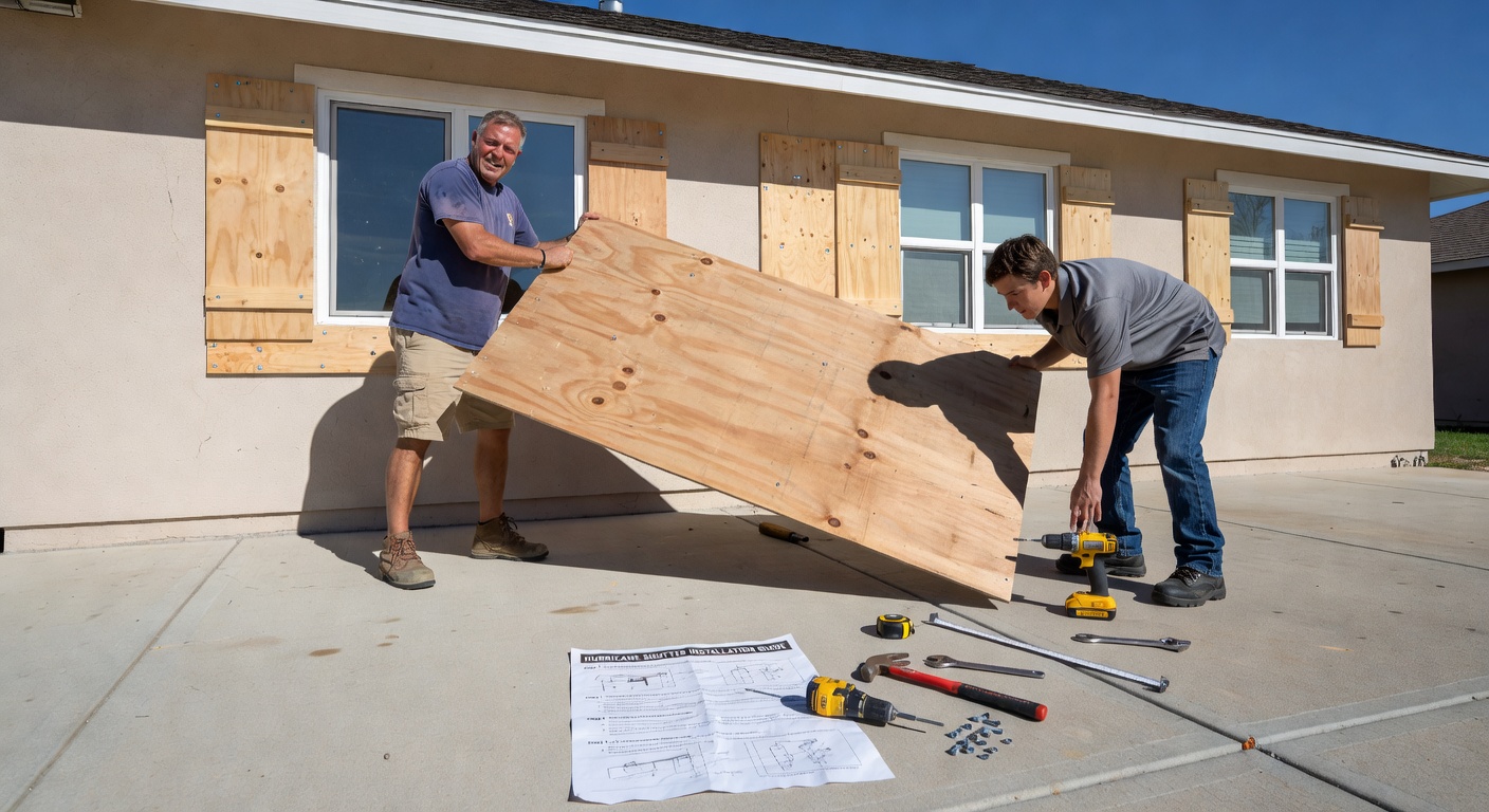 Installation of hurricane-rated window shutters for typhoon season protection