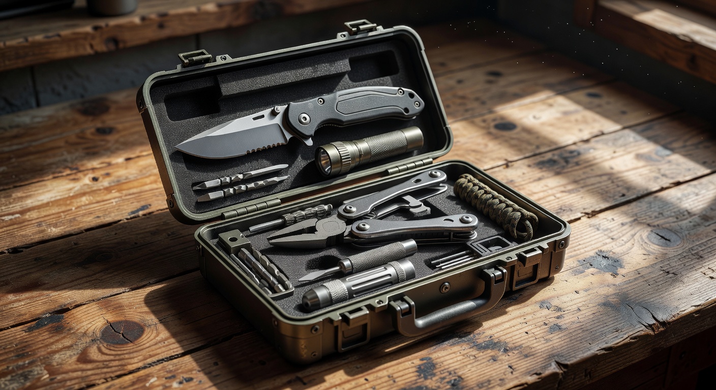 A multi-tool survival kit laid out with essential items including a multi-function knife, flashlight, first aid supplies, and emergency tools