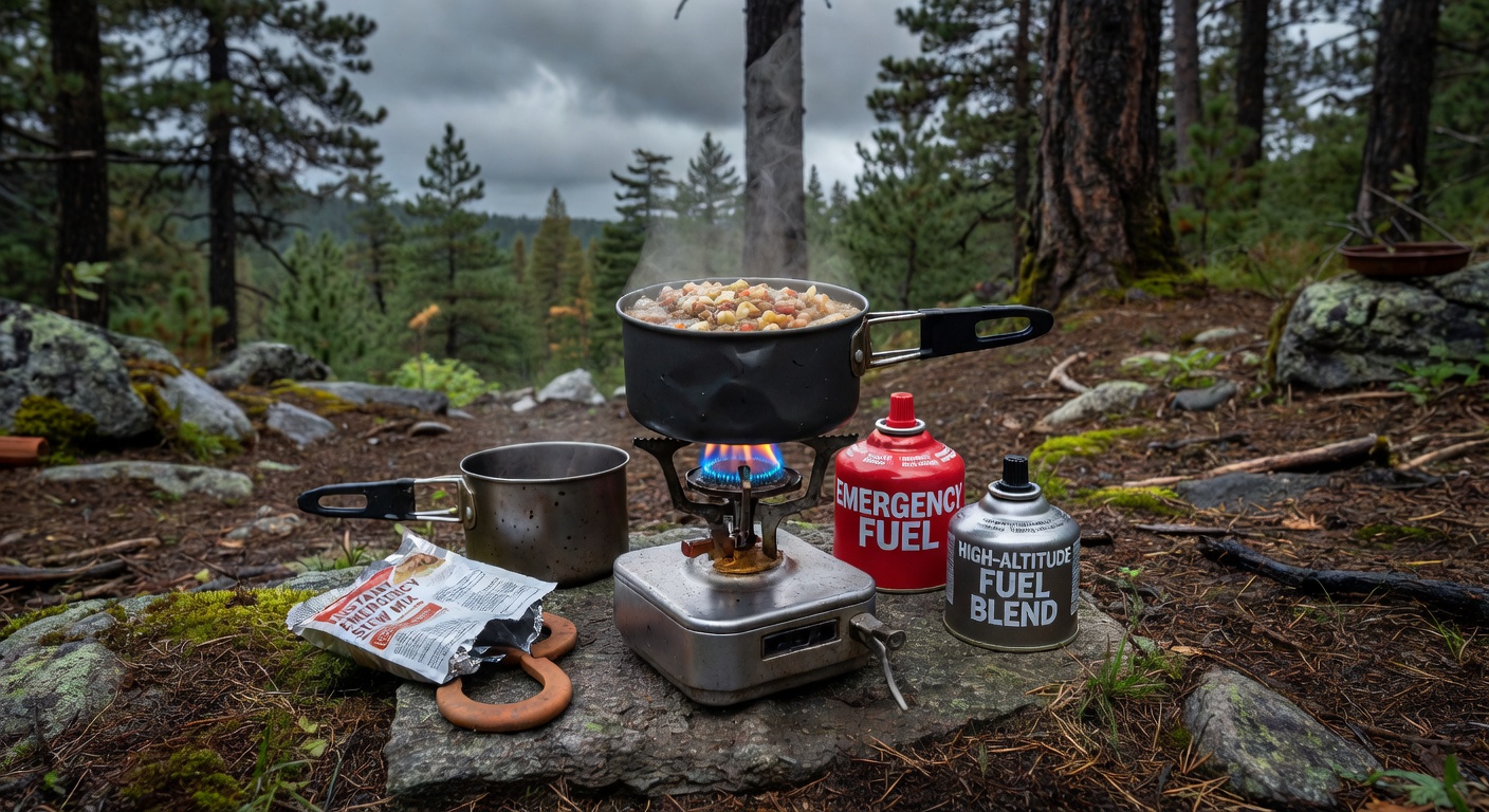 A compact portable camping stove with a gas canister attached, set up on a flat outdoor surface