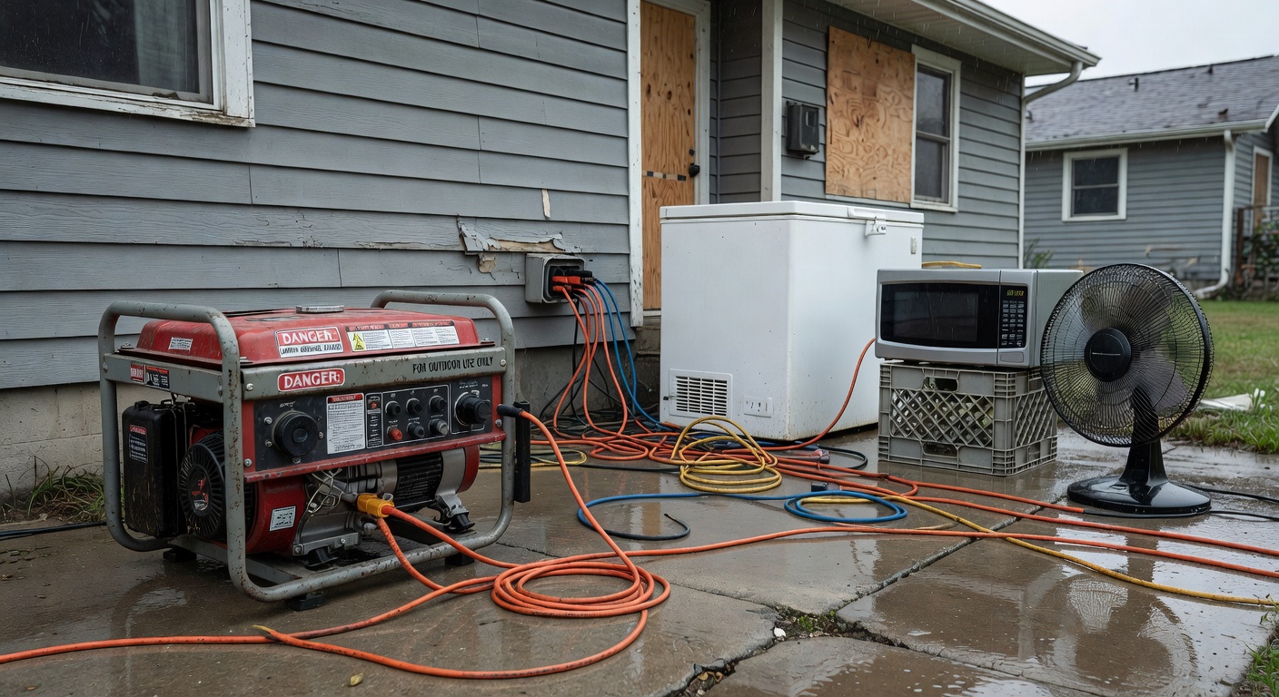A portable petrol generator set up outdoors with cables running to a household extension board