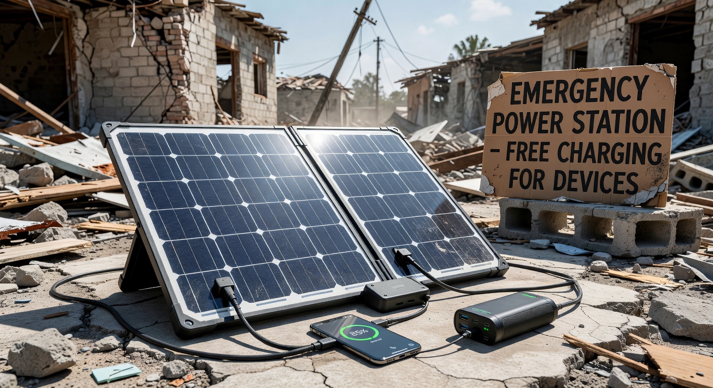 A portable solar panel charging station set up on a balcony railing connected to a portable power station